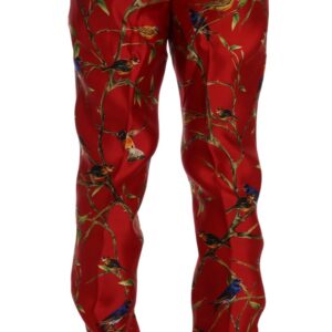 Dolce & Gabbana Elegant Silk Dress Trousers in Red Bird Print