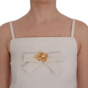 Dolce & Gabbana Elegant White Wool Shift Dress with Gold Brooch