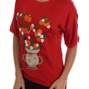 Dolce & Gabbana Red Silk Floral Embroidered Elegance Top