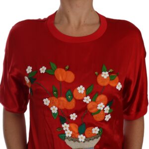 Dolce & Gabbana Red Silk Floral Embroidered Elegance Top