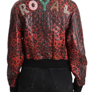 Dolce & Gabbana Red Leopard Bomber Leather Jacket with Crystal Buttons