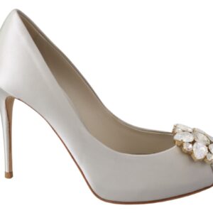 Dolce & Gabbana White Crystal Peep Toe Silk Blend Heels