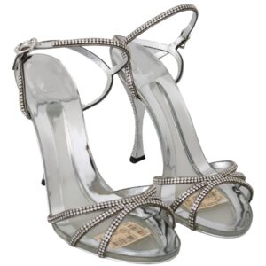 Dolce & Gabbana Silver Leather Ankle Strap Sandals with Crystals