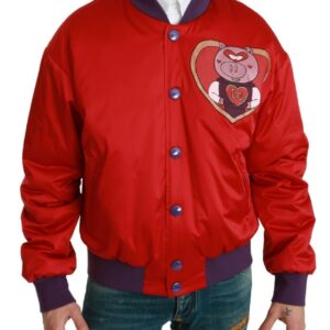 Dolce & Gabbana Vibrant Red Bomber Jacket with Multicolor Motif