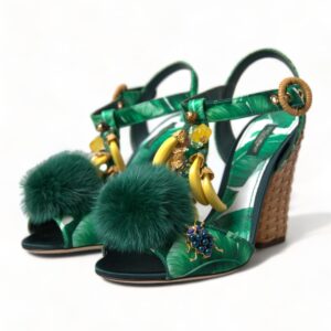 Dolce & Gabbana Green Crystal Mink Fur T-Strap Sandals