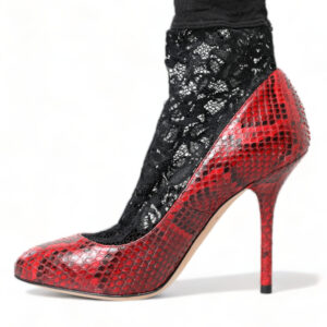 Dolce & Gabbana Red Almond Toe Snakeskin Pumps with Lace Socks