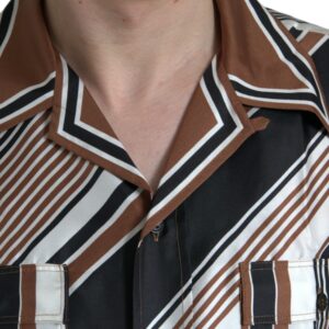 Dolce & Gabbana Brown White Silk Striped Short Sleeve Shirt