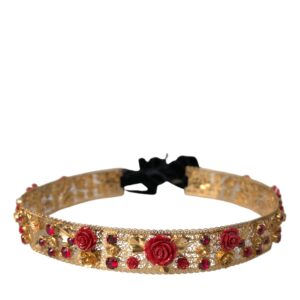 Dolce & Gabbana Gold Brass Red Roses Crystal Jewel Waist Belt