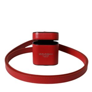 Dolce & Gabbana Red Calfskin Leather Logo Print Strap Men Airpods Case