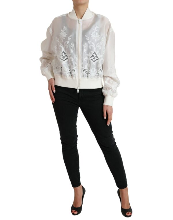 Dolce & Gabbana Elegant White Silk Bomber Jacket - Image 2