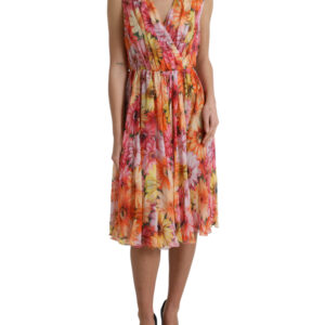 Dolce & Gabbana Elegant Floral Silk Midi Dress with V-Neck