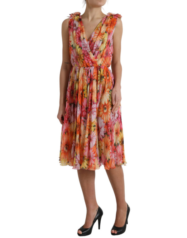 Dolce & Gabbana Elegant Floral Silk Midi Dress with V-Neck - Image 2