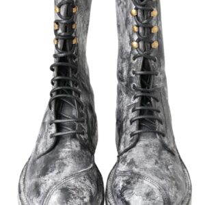 Dolce & Gabbana Chic Black Lace-Up Boots with Gray White Fade