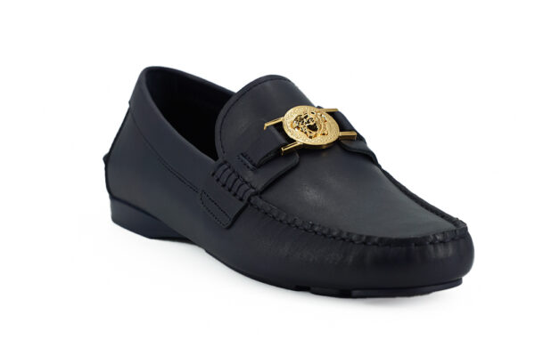 Versace Elegant Navy Blue Calf Leather Loafers - Image 2