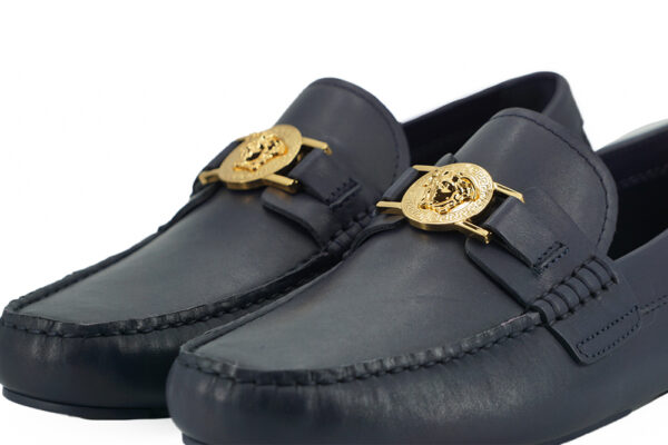 Versace Elegant Navy Blue Calf Leather Loafers - Image 4