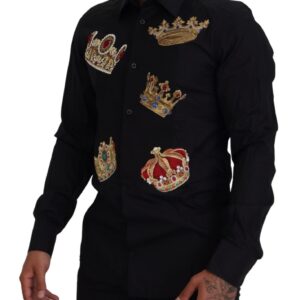 Dolce & Gabbana Elegant Black Slim Fit Dress Shirt with Crown Embroidery