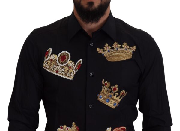 Dolce & Gabbana Elegant Black Slim Fit Dress Shirt with Crown Embroidery - Image 3