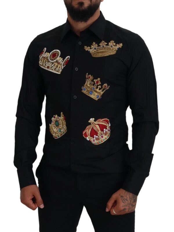 Dolce & Gabbana Elegant Black Slim Fit Dress Shirt with Crown Embroidery - Image 5