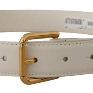 Dolce & Gabbana Chic White Leather Belt with Gold Engraved Buckle