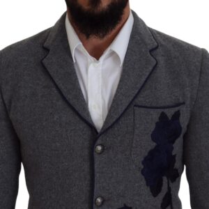 Dolce & Gabbana Elegant Gray Wool Blazer with Blue Rose Embroidery