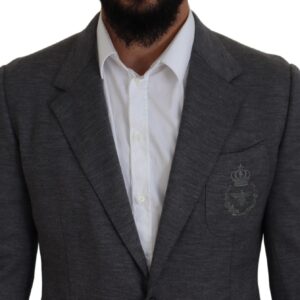 Dolce & Gabbana Elegant Gray Wool Blazer with Bee Crown Embroidery