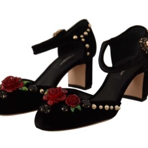 Dolce & Gabbana Black Crystal Rose Heel Sandals