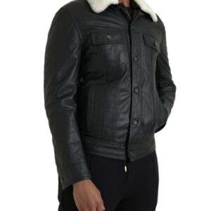 Dolce & Gabbana Black Leather Fur Collar Biker Coat Jacket