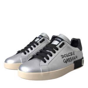 Dolce & Gabbana Silver Portofino Calf Leather Sneakers Men Shoes