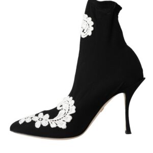 Dolce & Gabbana Black White Embroidery Slip On Boots Shoes