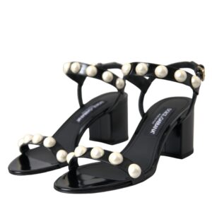 Dolce & Gabbana Black Leather Faux Pearl Heel Sandals Shoes