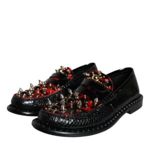 Dolce & Gabbana Black Leopard Print Studs Leather Loafers Shoes