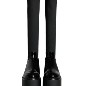 Dolce & Gabbana Black Leather Jersey Knee High Boots Shoes