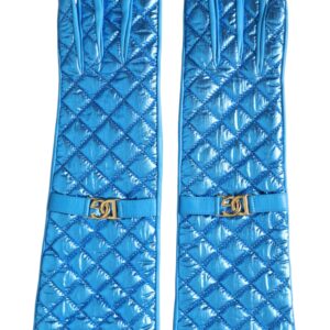 Dolce & Gabbana Blue Leather Quilted Mid Arm Length Gloves