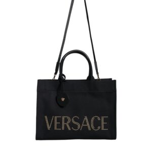 Versace Black Top Handle Canvas Leather Logo Crossbody Tote Bag