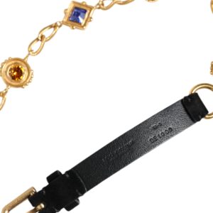 Dolce & Gabbana Black Leather Gold Brass Crystal Chain Waist Belt