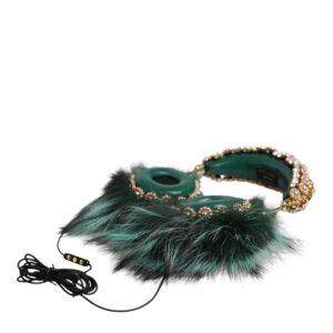 Dolce & Gabbana Green Gold Crystal Fur Headset Audio AUX Headphones