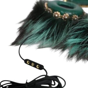 Dolce & Gabbana Green Gold Crystal Fur Headset Audio AUX Headphones