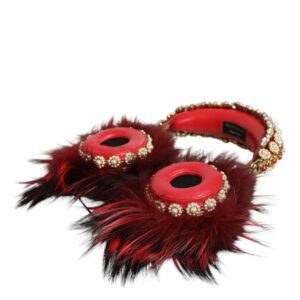 Dolce & Gabbana Red Gold Crystal Fur Headset Audio AUX Headphones