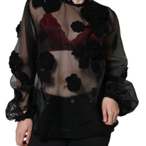 Dolce & Gabbana Black Nylon Mesh Transparent Floral Blouse