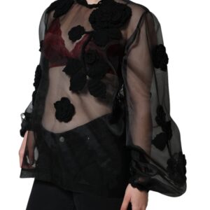 Dolce & Gabbana Black Nylon Mesh Transparent Floral Blouse