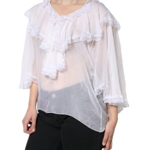 Dolce & Gabbana White Ruffles Lace Long Sleeve Blouse Top