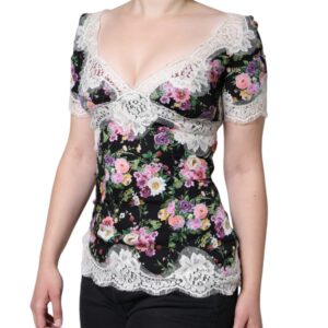 Dolce & Gabbana Black Floral Lace Short Sleeves Blouse Top