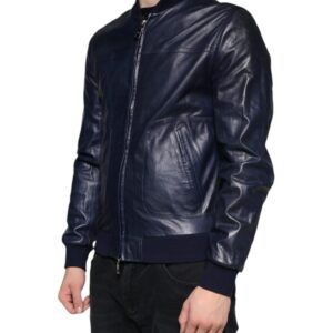 Dolce & Gabbana Blue Lambskin Leather Full Zip Biker Jacket