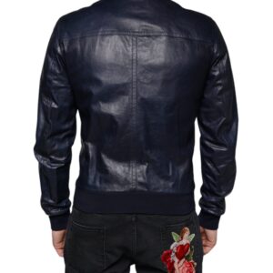 Dolce & Gabbana Blue Lambskin Leather Full Zip Biker Jacket