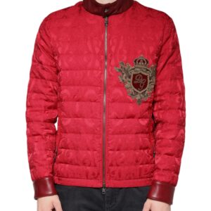 Dolce & Gabbana Red Quilted Bomber Gold Crown Logo Jacket