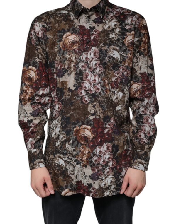 Dolce & Gabbana Multicolor Floral Cotton Men Dress GOLD Shirt - Image 2