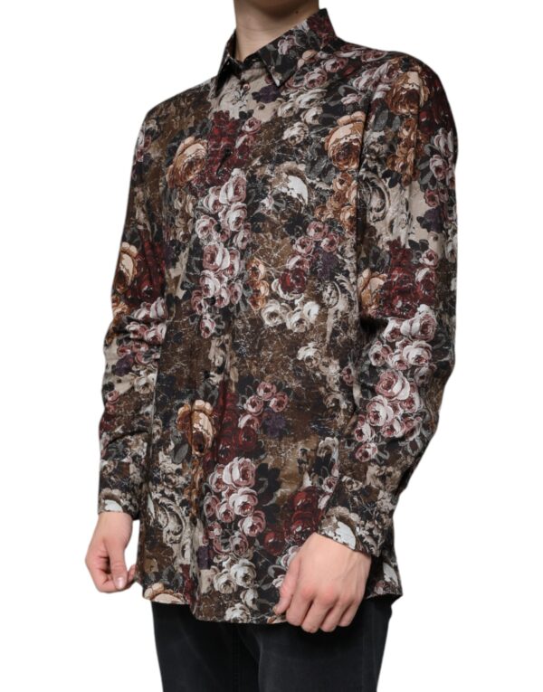 Dolce & Gabbana Multicolor Floral Cotton Men Dress GOLD Shirt - Image 3