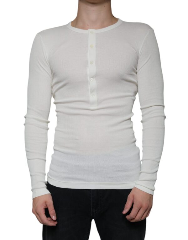 Dolce & Gabbana White Cotton Henley Crew Neck Pullover Sweater - Image 2