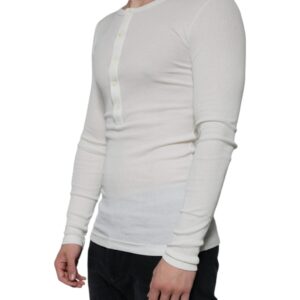 Dolce & Gabbana White Cotton Henley Crew Neck Pullover Sweater