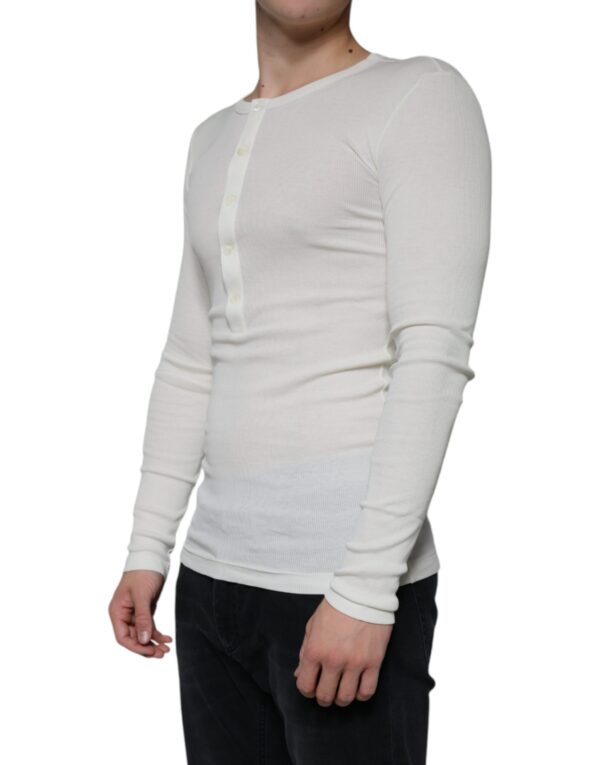 Dolce & Gabbana White Cotton Henley Crew Neck Pullover Sweater - Image 3